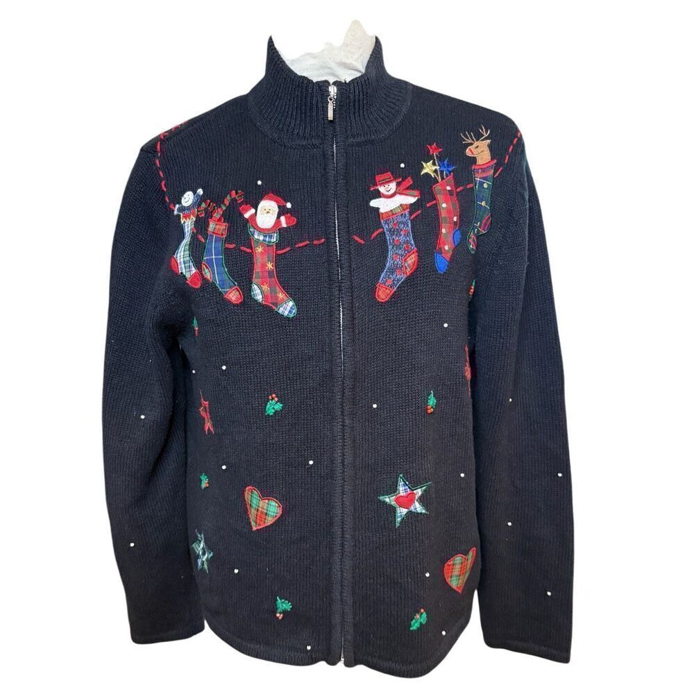 Pappagallo Christmas Cardigan Sz. M Full Zip High Collar Ugly Christmas Sweater